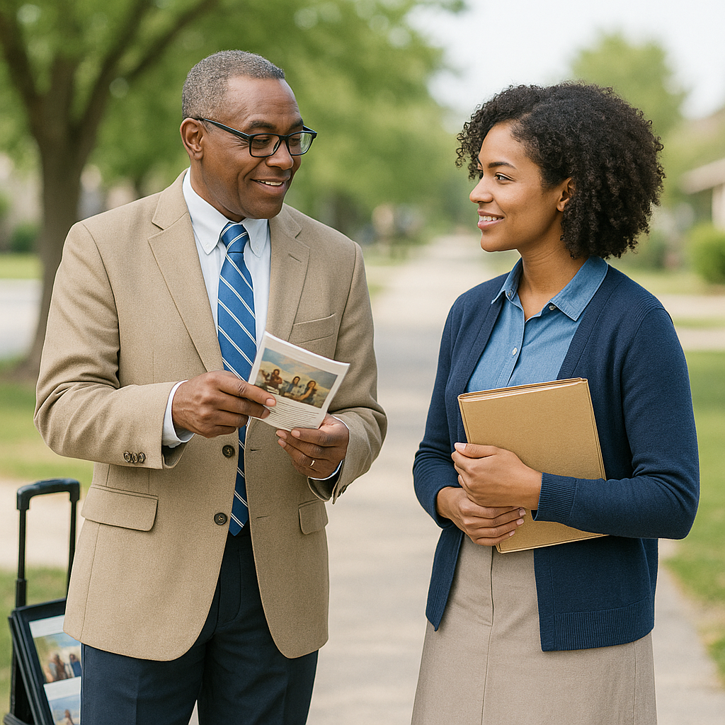 Two congregation members discussing auxiliary pioneer service applications